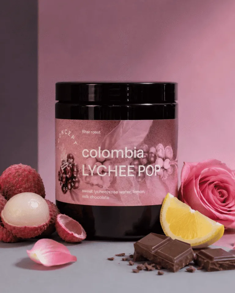 Cafea de specialitate Concept Coffee Lychee Pop Colombia co-fermentat cu lychee – note de lychee, iasomie și caramel