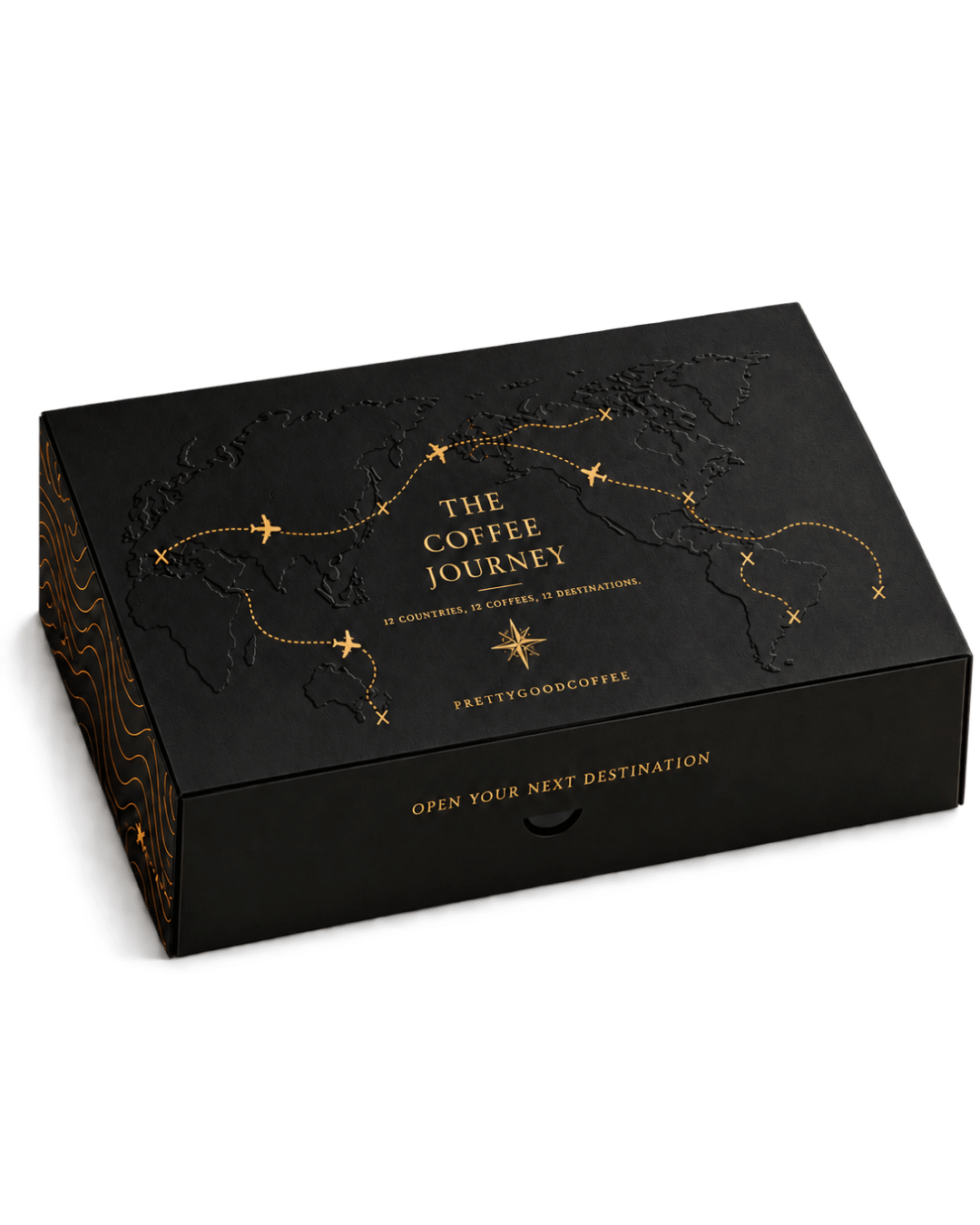 Cutia The Coffee Journey, neagră mată, cu harta lumii în relief și ruta de zbor în folie aurie